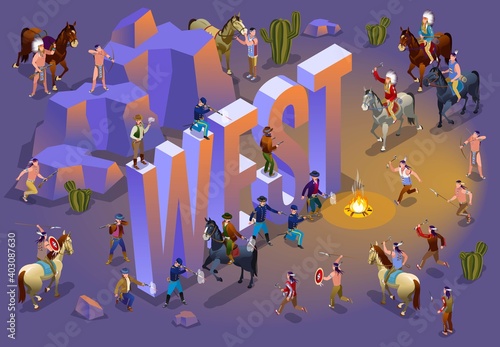 American Wild West History and isometric word West. American indians wars. Illustration isometric icons on isolated background