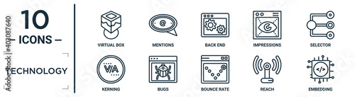technology linear icon set. includes thin line virtual box, back end, selector, bugs, reach, embedding, kerning icons for report, presentation, diagram, web design