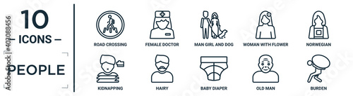 people linear icon set. includes thin line road crossing, man girl and dog, norwegian, hairy, old man, burden, kidnapping icons for report, presentation, diagram, web design