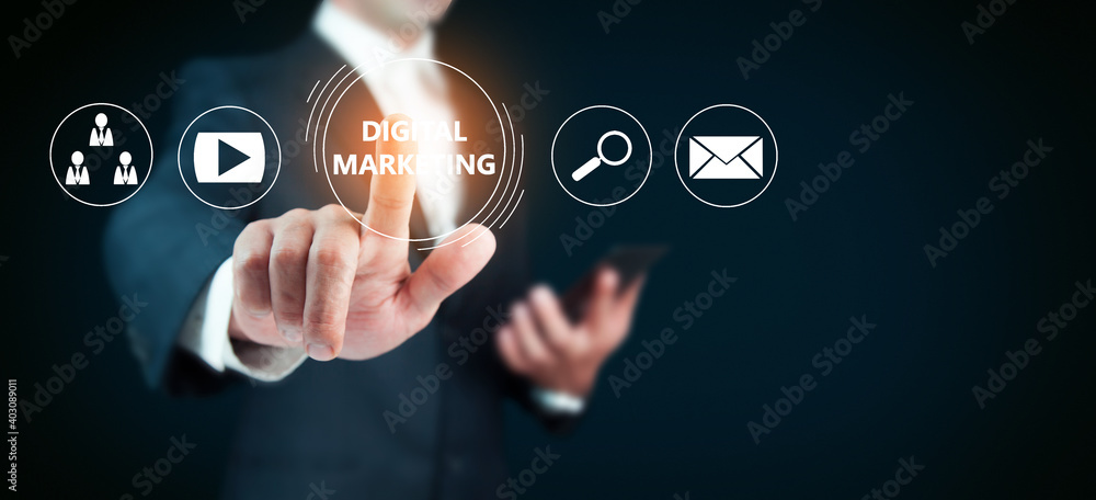man holding phone with Digital Marketing man holding phone with Digital Marketing