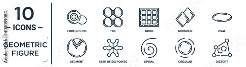 geometric.figure linear icon set. includes thin line foreground, grids, oval, star of six points, circular, distort, segment icons for report, presentation, diagram, web design