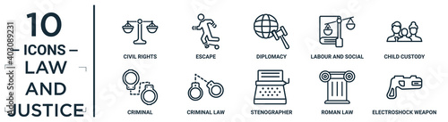 law.and.justice linear icon set. includes thin line civil rights, diplomacy, child custody, criminal law, roman law, electroshock weapon, criminal icons for report, presentation, diagram, web design