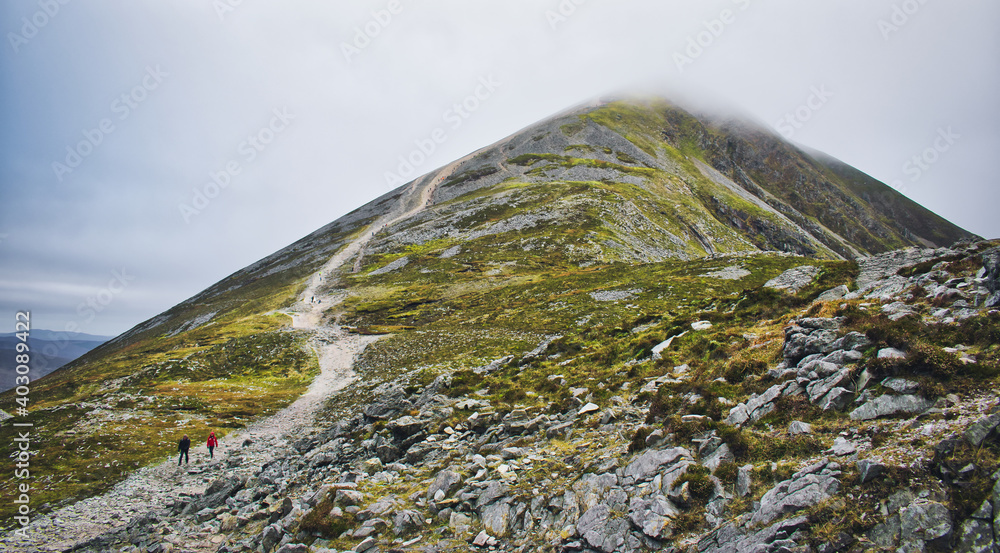 Beautiful scenery of trail that leads to Croagh Patrick mountain peak in county Mayo, Ireland
