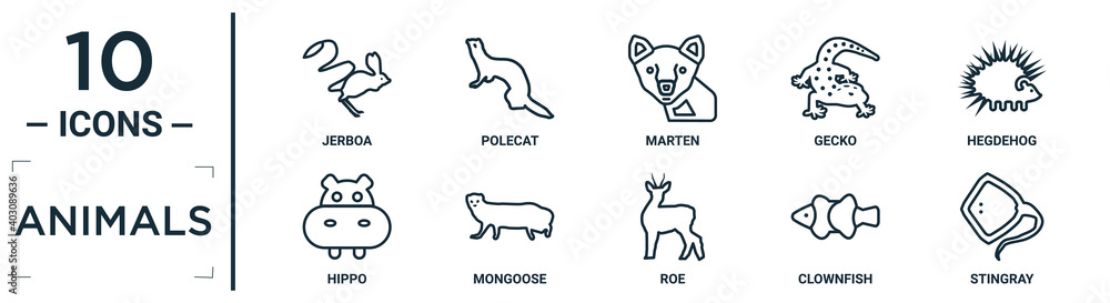 animals linear icon set. includes thin line jerboa, marten, hegdehog, mongoose, clownfish, stingray, hippo icons for report, presentation, diagram, web design