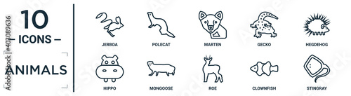 animals linear icon set. includes thin line jerboa, marten, hegdehog, mongoose, clownfish, stingray, hippo icons for report, presentation, diagram, web design