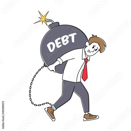 Loan Payment, Taxation Concept. Tired Businessman Character Carry Huge Round Bomb with Burning Fuse. Bank Debt