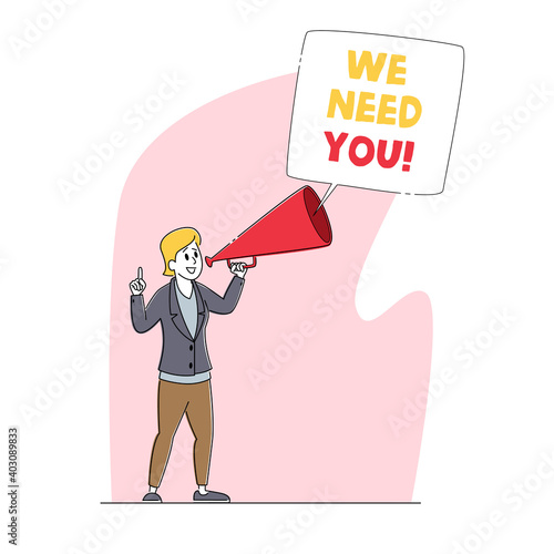 We Need You, Hiring, Recruiting, Head Hunting Concept. Businesswoman Search Employee Hire on Job Using Loudspeaker