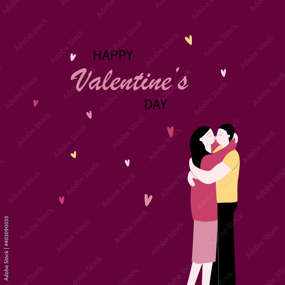 Vector Valentine's day greeting card. Flat illustration with couple in love, inscription and decorative hearts. Enamored guy and girl hug and kiss. Vector Valentine's day greeting card. Flat illustration with couple in love, inscription and decorative hearts. Enamored guy and girl hug and kiss.