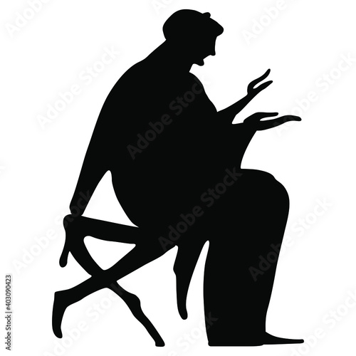 Ancient Greek woman sitting on a chair. Black silhouette on white background.