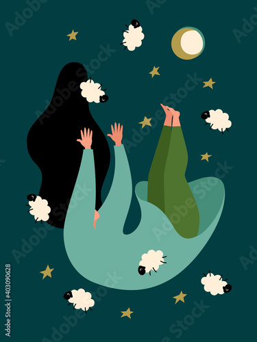 A beautiful and sweet girl suffers from insomnia, narcolepsy, difficulty falling asleep or maintaining sleep. Vector illustration in flat modern style on an isolated background.