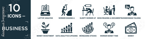 filled business icon set. contain flat laptop analysis, worker digging a hole, sleepy worker at work, boss reading a document, businessman talking about data analysis, money investment, data.