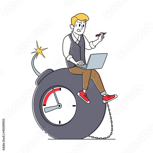 Sweating Businessman Character Sitting on Huge Bomb with Burning Fuse and Ticking Clock. Tax, Financial Problem Taxation