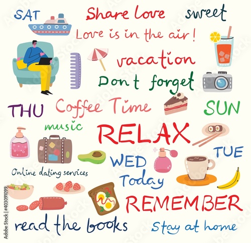 Sign stickers and symbols for organized your diary. Template for scrapbooking, wrapping, wedding invitation, notebooks, diary.