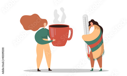 Flu and illness concept with sick person having a cold. A sick woman, wrapped in a warm blanket, holds a huge thermometer. The girl gives him a hot drink. Vector illustration.