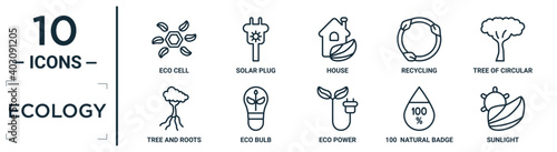 ecology linear icon set. includes thin line eco cell, house, tree of circular foliage, eco bulb, 100  natural badge, sunlight, tree and roots icons for report, presentation, diagram, web design