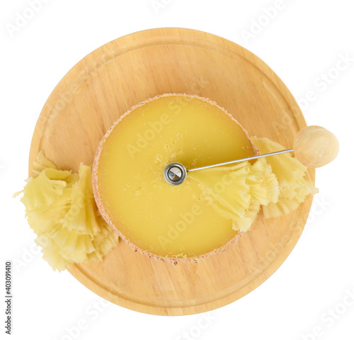 Head of Tete de Moine cheese on the Girolle isolated on a white background, shallow depth of sharpness