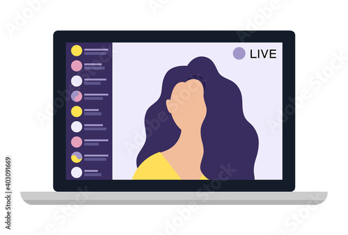 Young female blogger holding a live streaming online event, website interface. Vector illustration on white isolated background.