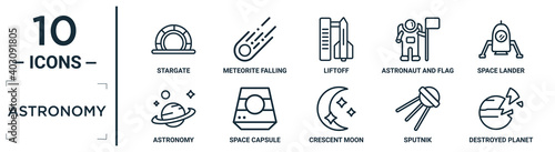 astronomy linear icon set. includes thin line stargate, liftoff, space lander, space capsule, sputnik, destroyed planet, astronomy icons for report, presentation, diagram, web design