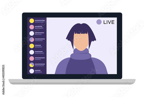 Young female blogger holding a live streaming online event, website interface. Vector illustration on white isolated background.