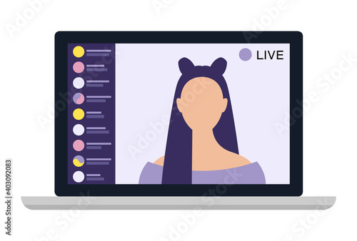 Young female blogger holding a live streaming online event, website interface. Vector illustration on white isolated background.