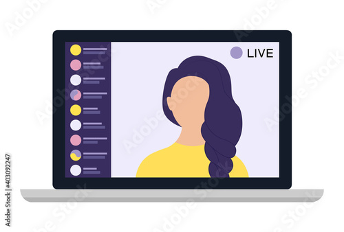 Young female blogger holding a live streaming online event, website interface. Vector illustration on white isolated background.