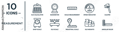 measurement linear icon set. includes thin line old calculator, scale measurement, caliper, old scale, old weights, angular ruler, shop scale icons for report, presentation, diagram, web design