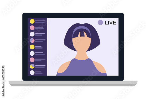 Young female blogger holding a live streaming online event, website interface. Vector illustration on white isolated background.