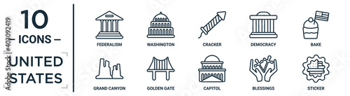 united.states linear icon set. includes thin line federalism, cracker, bake, golden gate, blessings, sticker, grand canyon icons for report, presentation, diagram, web design