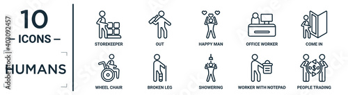 humans linear icon set. includes thin line storekeeper, happy man, come in, broken leg, worker with notepad, people trading, wheel chair icons for report, presentation, diagram, web design