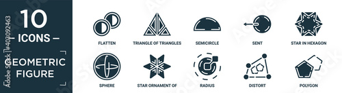 filled geometric figure icon set. contain flat flatten, triangle of triangles, semicircle, sent, star in hexagon of small triangles, sphere, star ornament of small triangles, radius, distort,.