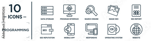 programming linear icon set. includes thin line data storage, search engine, seo report, mobile app, operating system, website, seo reputation icons for report, presentation, diagram, web design