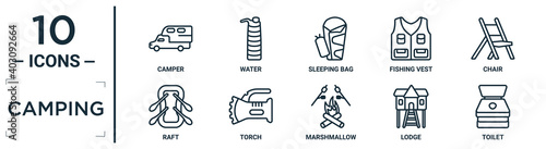 camping linear icon set. includes thin line camper, sleeping bag, chair, torch, lodge, toilet, raft icons for report, presentation, diagram, web design