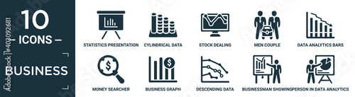 filled business icon set. contain flat statistics presentation, cylindrical data graphic, stock dealing, men couple, data analytics bars chart with descendant line, money searcher, business graph,.