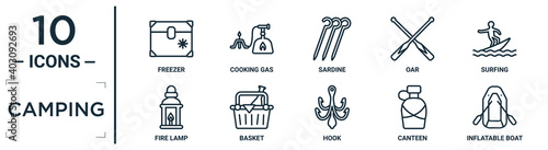 camping linear icon set. includes thin line freezer, sardine, surfing, basket, canteen, inflatable boat, fire lamp icons for report, presentation, diagram, web design