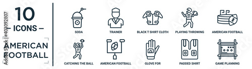 american.football linear icon set. includes thin line soda, black t shirt cloth, american football stadium, american football goal, padded shirt, game planning, catching the ball icons for report,