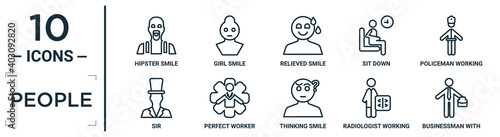 people linear icon set. includes thin line hipster smile, relieved smile, policeman working, perfect worker, radiologist working, businessman with suitcase, sir icons for report, presentation,