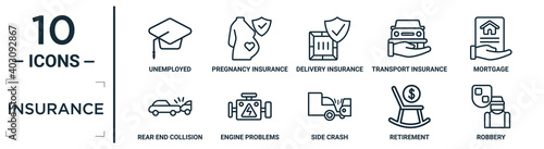 insurance linear icon set. includes thin line unemployed, delivery insurance, mortgage, engine problems, retirement, robbery, rear end collision icons for report, presentation, diagram, web design
