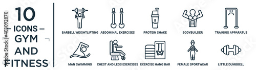 gym.and.fitness linear icon set. includes thin line barbell weightlifting, protein shake, training apparatus, chest and legs exercises, female sportwear, little dumbbell, man swimming icons for