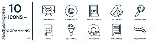 programming linear icon set. includes thin line clean code, encripted file, code review, seo funnel, binary file, web domain, page icons for report, presentation, diagram, web design