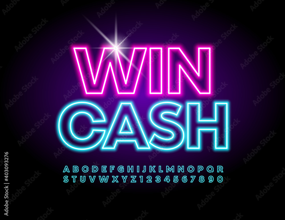 Obraz premium Vector neon board Win Cash. Bright electric Font. Glowing light Alphabet Letters and Numbers set