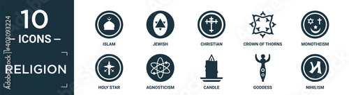 filled religion icon set. contain flat islam, jewish, christian, crown of thorns, monotheism, holy star, agnosticism, candle, goddess, nihilism icons in editable format..