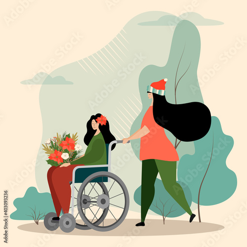 Disabled with girlfriend, young disabled person in a wheelchair, moral support. Rehabilitation of the disabled, assistance to the disabled. Vector illustration in a flat style.