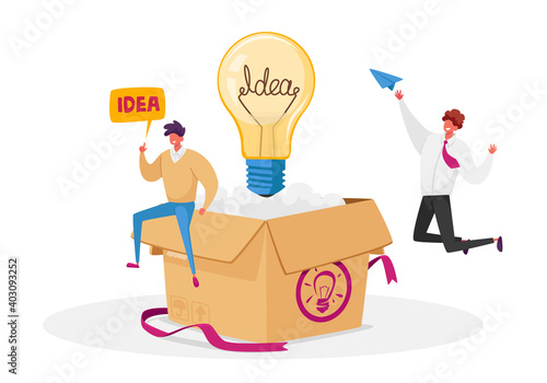 Creative Idea Development, Think Outside Concept. Male Business Characters Sitting on Huge Carton Box with Light Bulb