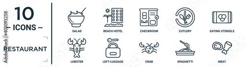 restaurant linear icon set. includes thin line salad, checkroom, eating utensils, left-luggage, spaghetti, meat, lobster icons for report, presentation, diagram, web design
