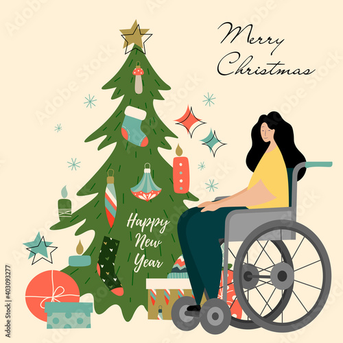 A disabled girl on a wheelchair near the Christmas tree with gifts. Merry christmas and new year. Postcard, template, design element, banner. Vector illustration.