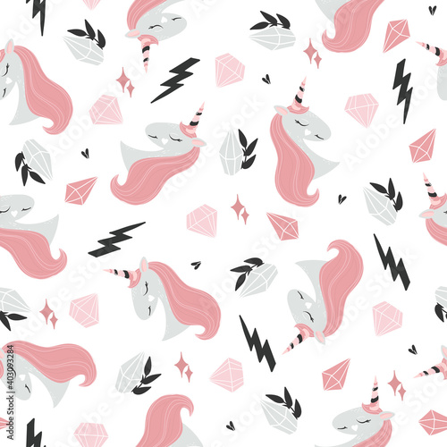 Cute childish seamless pattern with unicorn, crystals, hearts, stars. Vector illustration. Pink, black and grey elements on white background. Simple ornament for children. Lovely cartoon texture