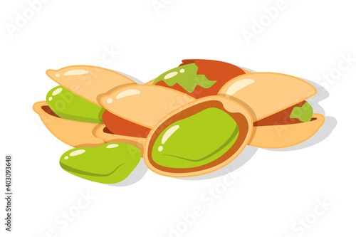 Group of pistachios nuts in cartoon style isolated on white background. Cracked nutshell with green nuts. Vector illustration