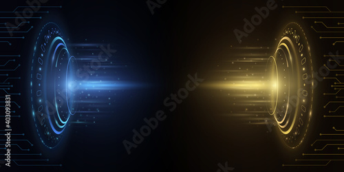 Futuristic HUD interface circles. Yellow and blue flash with rays and particles. Computer circuit board. UI design. Modern technology background. Vector illustration