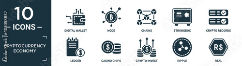 filled cryptocurrency economy icon set. contain flat digital wallet, node, chains, strongbox, crypto records, ledger, casino chips, crypto invest, ripple, real icons in editable format..