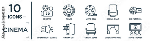 cinema linear icon set. includes thin line 3d movie, movie roll, big film roll, cinema exit, cinema curtains, movie theater, light source icons for report, presentation, diagram, web design